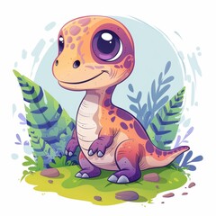 Fototapeta premium Adorable Cartoon Dinosaur in Lush, Vibrant Nature Scene Art Piece