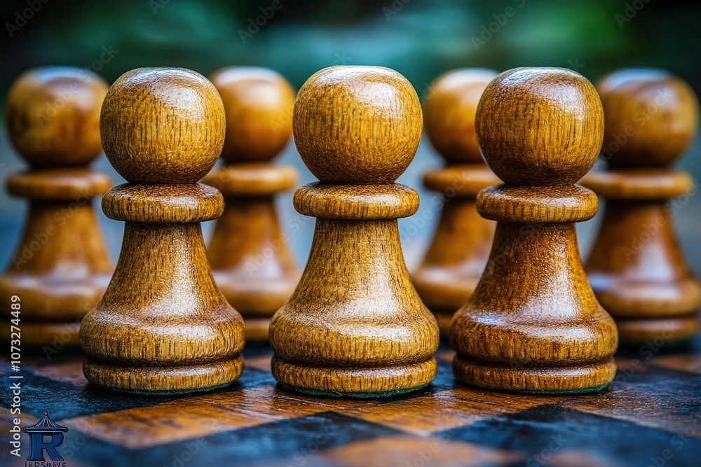 Poster close-up of wooden chess pawns arranged in a row on a checkered board with soft background blur for 