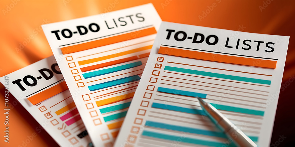 Poster creative four to do lists with checkmarks on orange background. quality control, goal achievement an