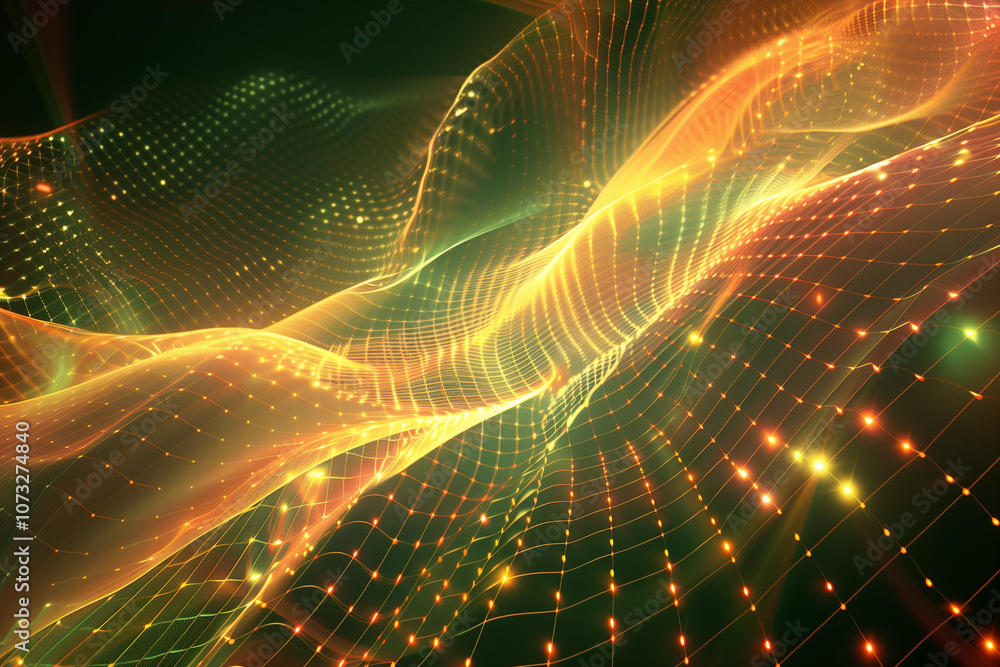 Poster abstract glowing waveforms with pixelated grids and holographic particles, evoking a sense of advanc