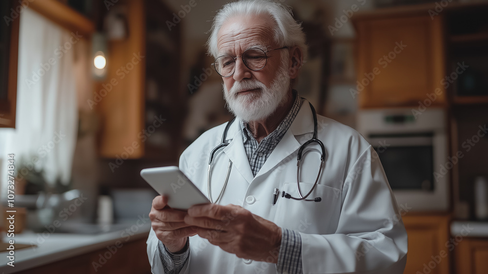 Poster a man in a white lab coat is looking at a tablet. he is a doctor and is using the tablet to check on