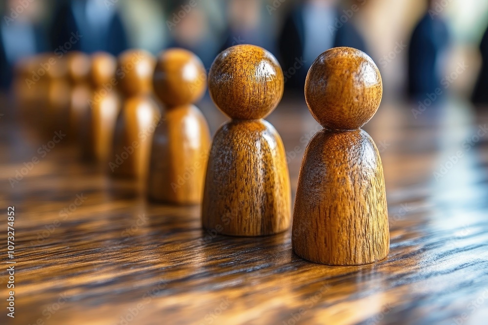 Poster wooden figures arranged in a line on a polished surface with blurred figures in the background, repr