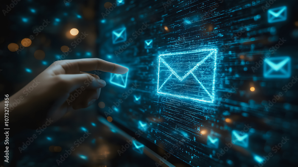 Poster a hand is pointing at an envelope on a computer screen. the envelope is surrounded by other envelope