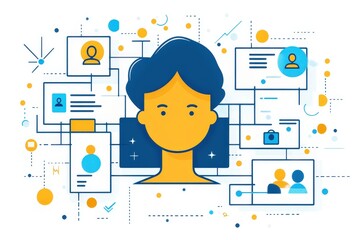Abstract representation of digital identity and personal information management with interconnected visual elements, showcasing profile images, social media icons, and data flow