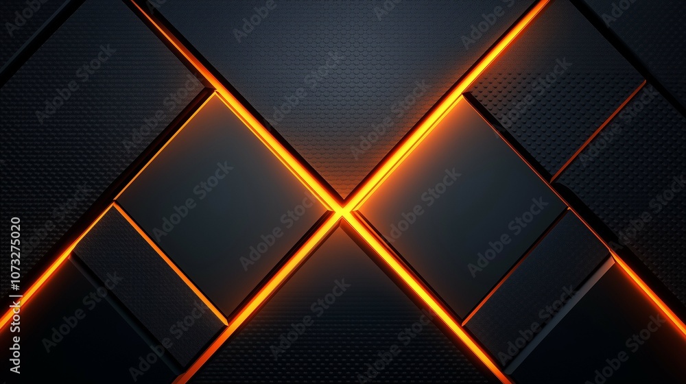 Poster abstract geometric background with illuminated orange lines crossing dark textured panels creating a