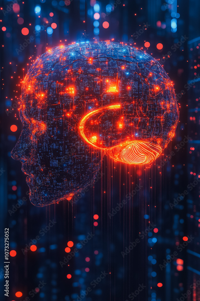 Poster a brain with a red and blue glow surrounding it. the brain is surrounded by a cityscape with buildin