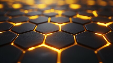 Abstract hexagonal honeycomb pattern with glowing edges, showcasing a modern and futuristic design with warm yellow light, perfect for backgrounds and technology themes