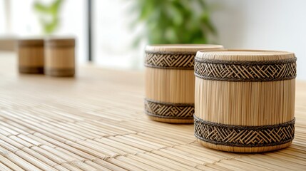 Fototapeta premium Beautifully Crafted Bamboo Containers on a Serene Table Surface, Perfectly Capturing the Essence of Natural Decor in Modern Eco-Friendly Spaces
