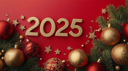Festive Celebration Theme with 2025 New Year Decorations, Shining Ornaments, and Greenery on a Bright Red Background for Holiday Cheer and Celebration Ideas