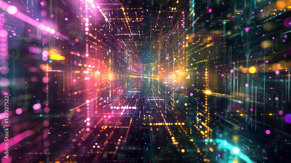 Poster abstract glowing waveforms with pixelated grids and holographic particles, evoking a sense of advanc
