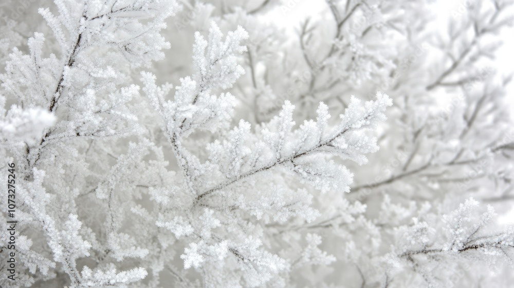 Poster a close-up of frosted tree branches, with snowflakes slowly accumulating on them
