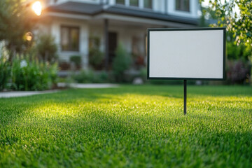 Blank yard sign in green grass on the house background. Yard sign mockup