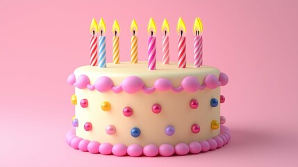 Whimsical Birthday Cake with Colorful Candles and Decorated Frosting on a Soft Pink Background Perfect for Celebrations and Parties