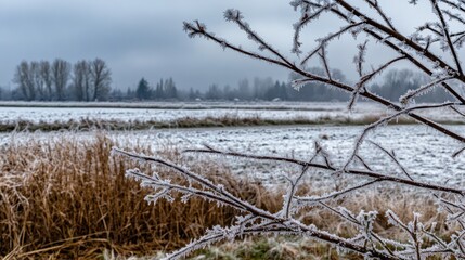 A close-up of frosty branches with a backdrop of a snow-covered field