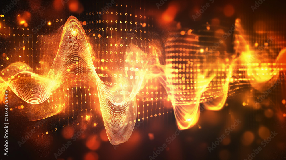 Poster abstract glowing waveforms with pixelated grids and holographic particles, evoking a sense of advanc