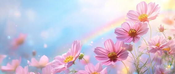 A field of pink flowers with a rainbow in the background