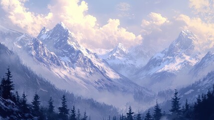 Fototapeta premium A distant view of snow-covered mountains, with soft clouds drifting over the peaks on a cold winter day