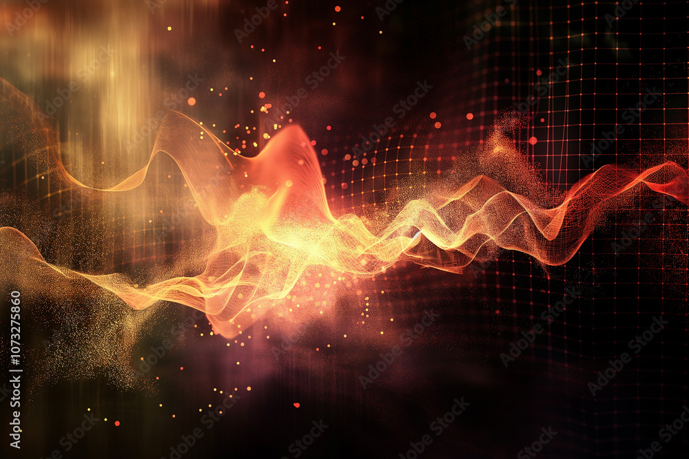 Poster abstract glowing waveforms with pixelated grids and holographic particles, evoking a sense of advanc