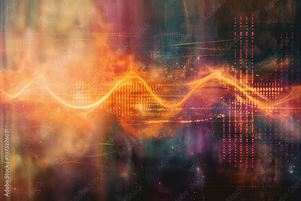 Poster abstract glowing waveforms with pixelated grids and holographic particles, evoking a sense of advanc