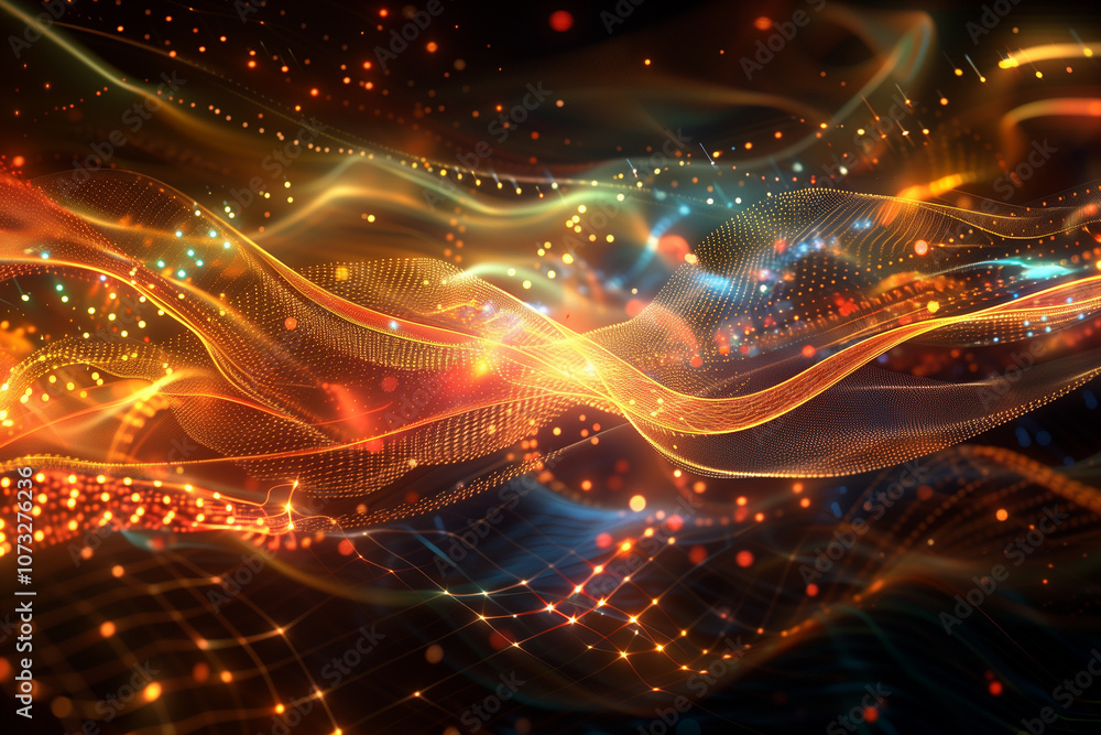 Poster abstract glowing waveforms with pixelated grids and holographic particles, evoking a sense of advanc