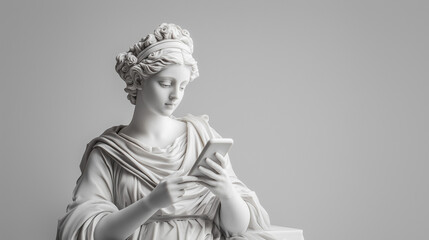 antique sculpture of a woman with phone