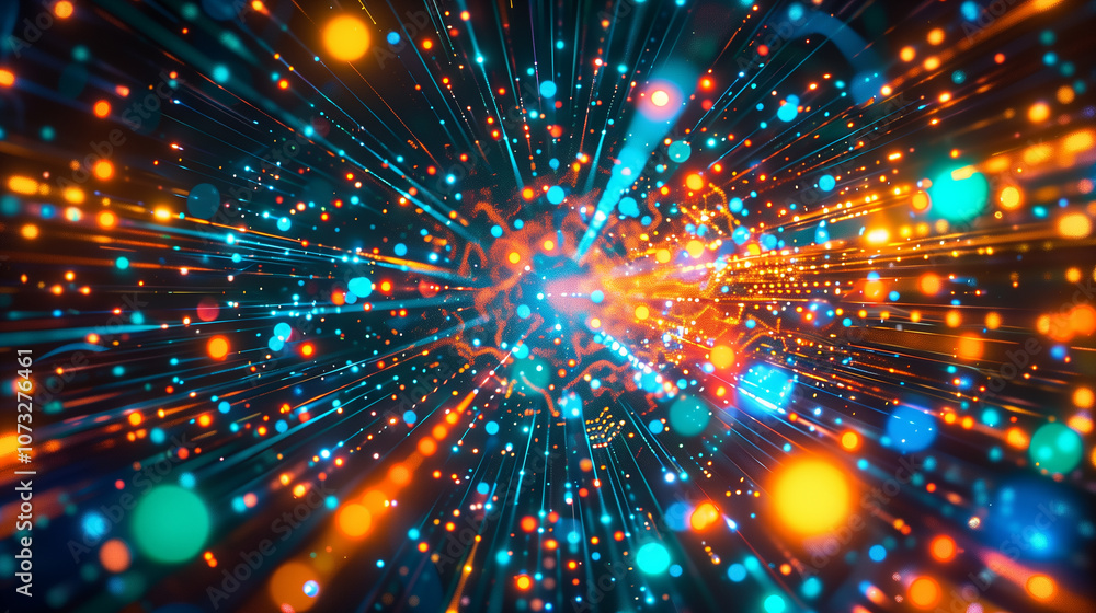 Poster circuit board-inspired background with dynamic neon lines and pulsating data points, creating a vibr