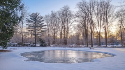 A peaceful winter landscape with a small frozen pond surrounded by trees blanketed in snow
