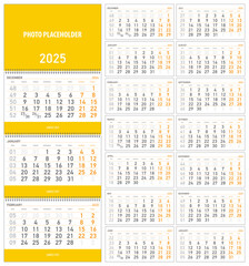 vector illustration, wall quarterly calendar 2025 with week numbers starting from Monday