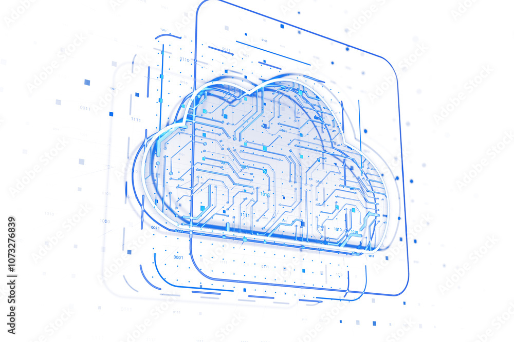 Poster Abstract cloud technology with circuit lines, blue tones, isolated on white background. Concept of digital storage and computing systems. 3D Rendering.