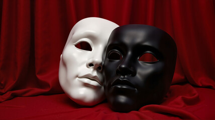 Black and white theatrical masks on red drapery