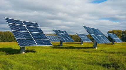 Solar panels installed in a green field harnessing renewable energy under a clear sky for sustainable future.