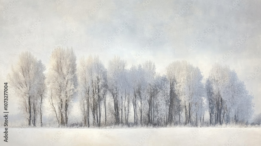 Poster a row of trees covered in frost and snow, with a pale winter sky overhead and soft light filtering t