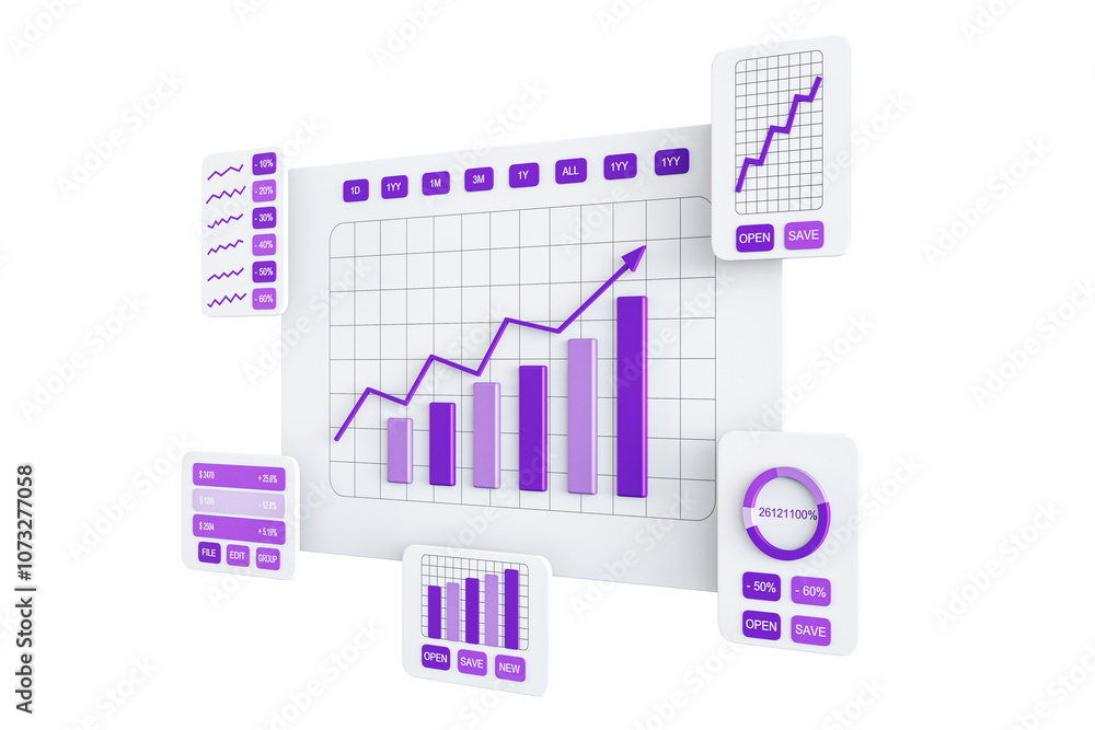 Poster Purple and white graph and chart interface with lines, bars, and buttons on a white background. Business and technology concept. 3D Rendering