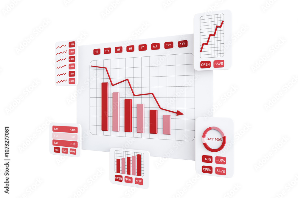 Poster Digital interface with red graph and bar chart elements, isolated on a white background. Concept of business data analysis and technology. 3D Rendering