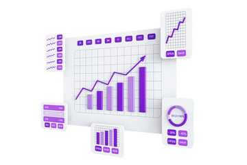 Purple and white graph and chart interface with lines, bars, and buttons on a white background. Business and technology concept. 3D Rendering