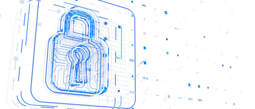 Closeup of a digital lock symbol made of blue circuits on a white background with binary code patterns. Concept of cybersecurity. 3D Rendering.