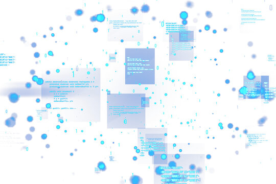 Abstract view of floating digital code and binary numbers with blue glowing dots, white background. Technology and data concept. 3D Rendering