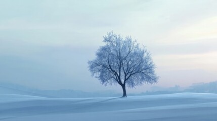 Obraz premium A serene winter landscape with a snow-covered field and a lone tree silhouetted against the sky