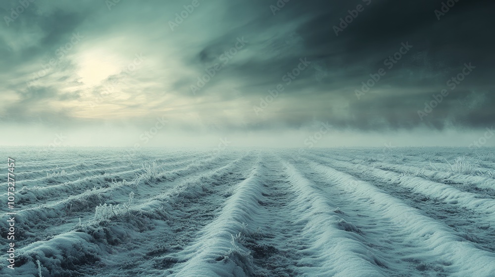 Poster a snow-covered field stretching into the distance with a frosty fog hovering over the ground