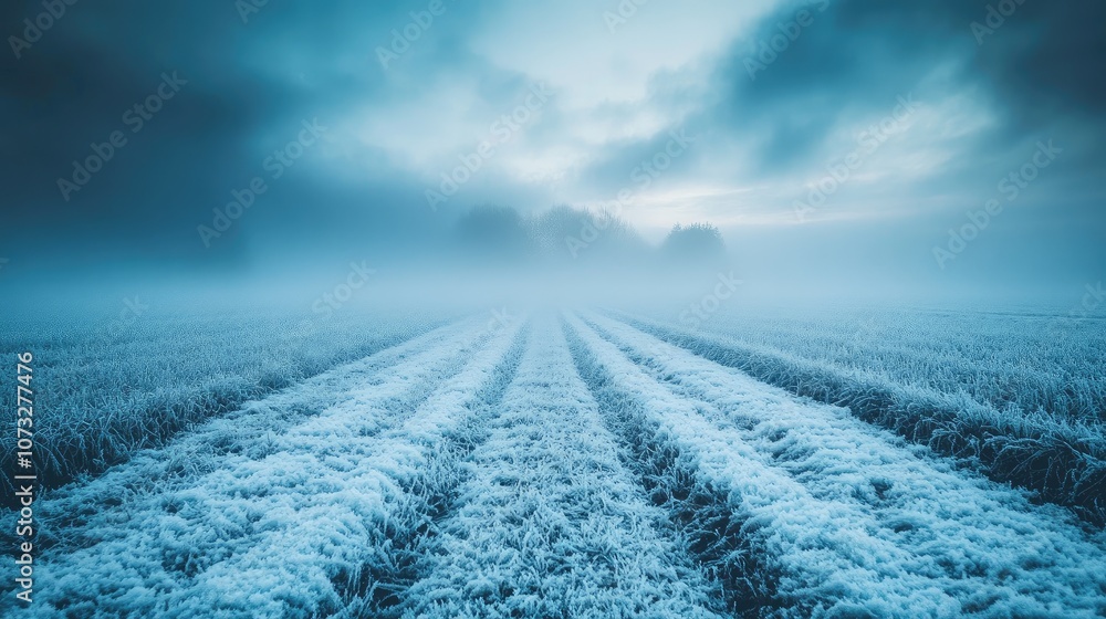 Poster a snow-covered field stretching into the distance with a frosty fog hovering over the ground