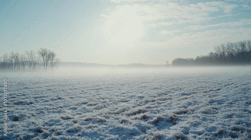Poster a snow-covered field stretching into the distance with a frosty fog hovering over the ground