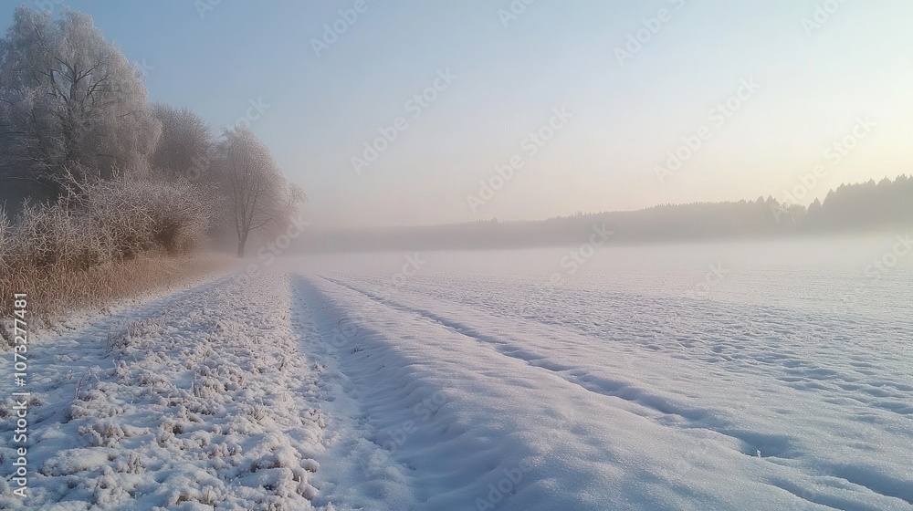 Poster a snow-covered field stretching into the distance with a frosty fog hovering over the ground
