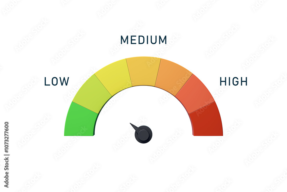 Poster A semi-circular color gauge with low (green), medium (yellow), and high (red) levels and a black pointer on a white background. 3D Rendering