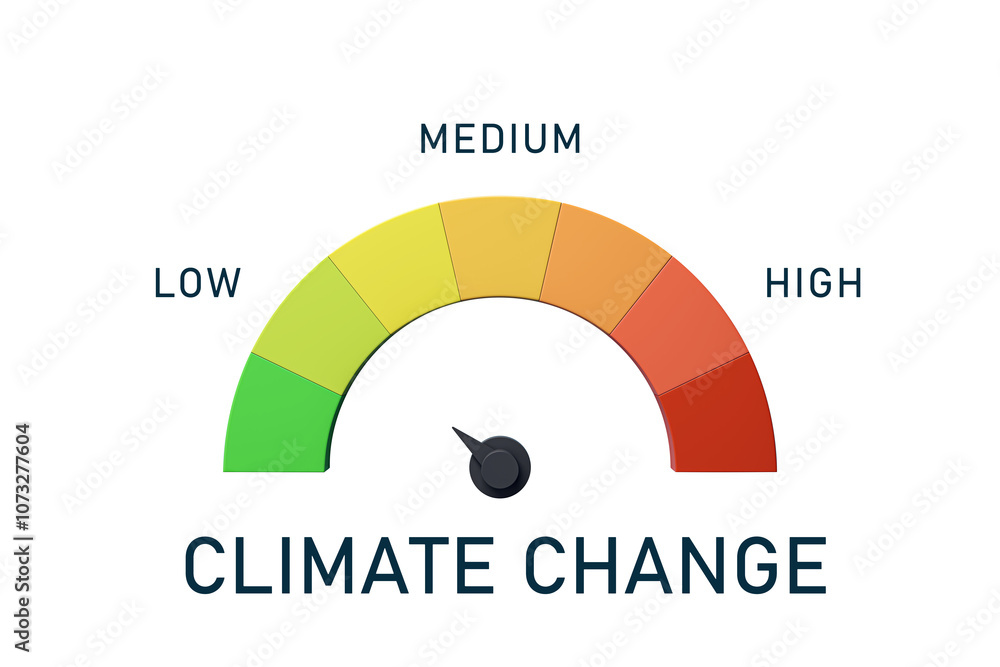 Aufkleber climate change risk meter with color-coded levels of low, medium, and high, on a clean white backgro