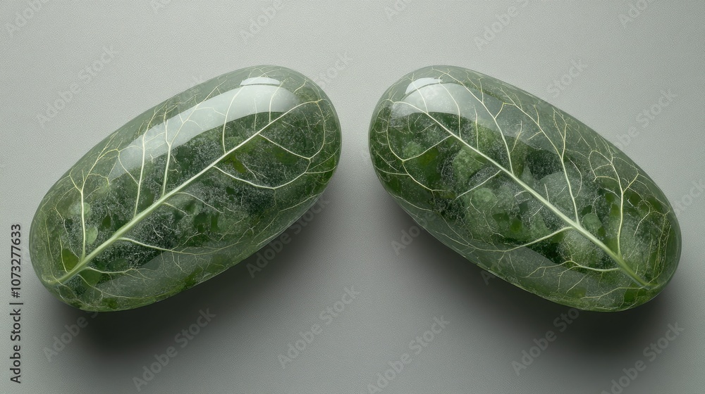 Poster two green, oval, translucent objects with leaf patterns inside.