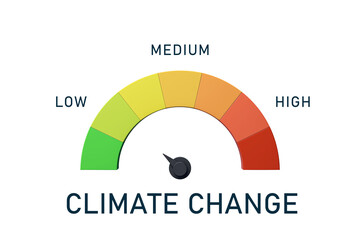 Climate change risk meter with color-coded levels of low, medium, and high, on a clean white background. Concept of environmental awareness. 3D Rendering
