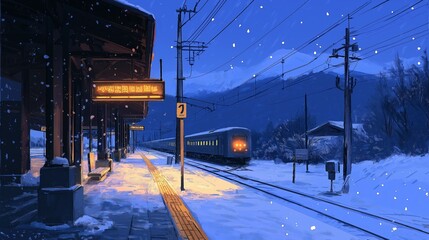 train station platform under the snow in a winter evening