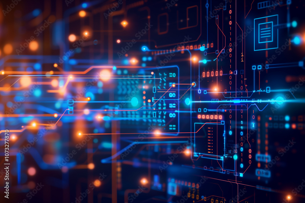 Poster circuit board-inspired background with dynamic neon lines and pulsating data points, creating a vibr