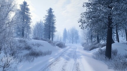Fototapeta premium A snow-covered road leading through a winter forest with trees blanketed in frost