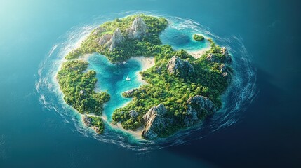 Fototapeta premium A tropical island with white sand beaches, lush green vegetation, and rocky cliffs surrounded by turquoise water.